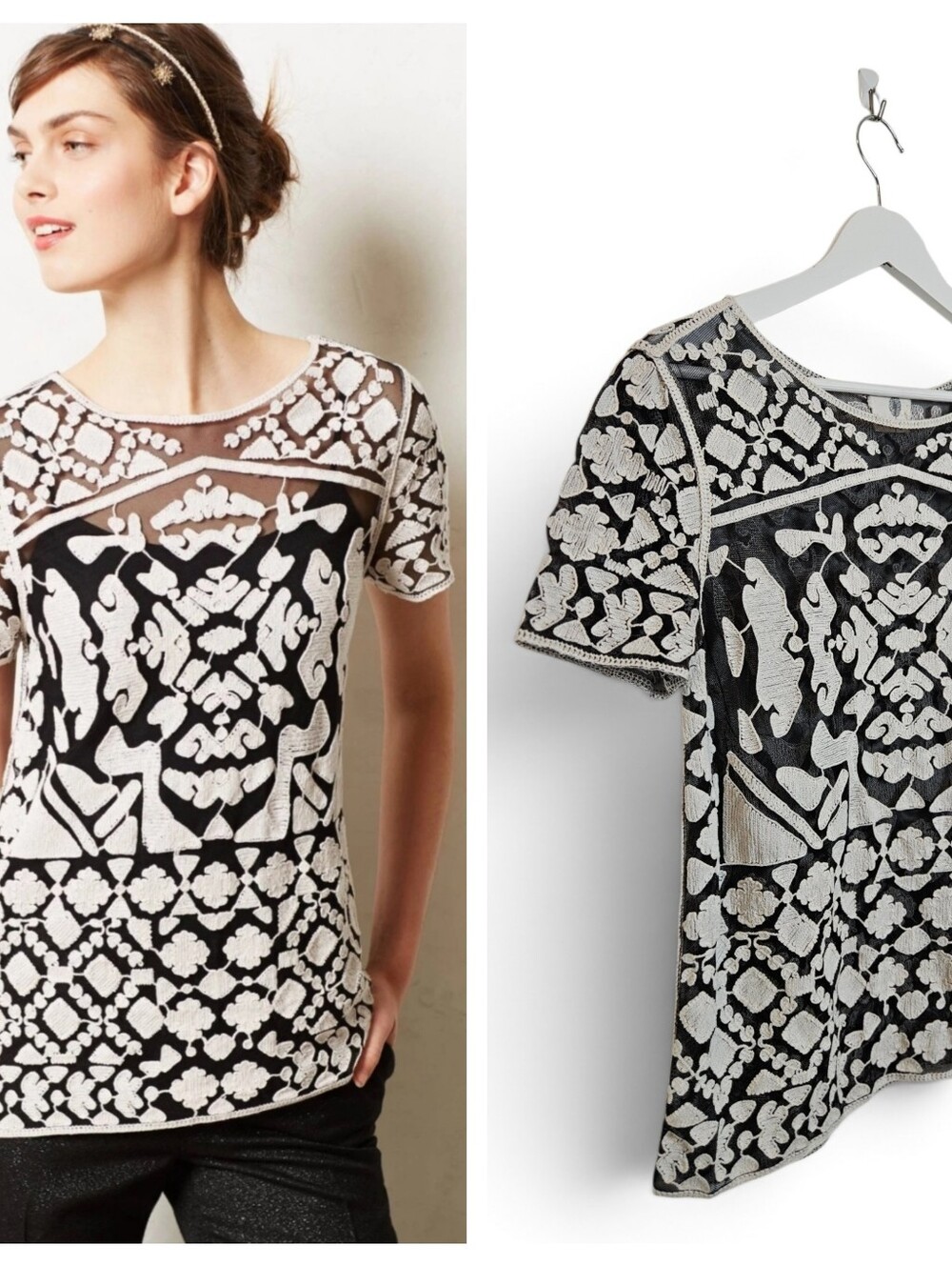 Anthropologie Everleigh Top XS Rococo Sheer Embroidered Mesh Blouse Black White